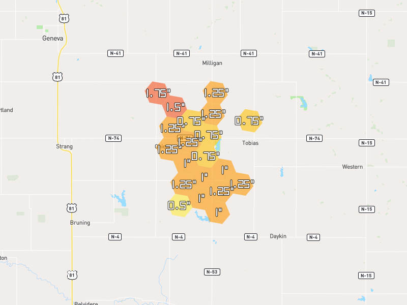Hail map of Ohiowa, NE on Jun 6, 2026, hail up to 1.75"