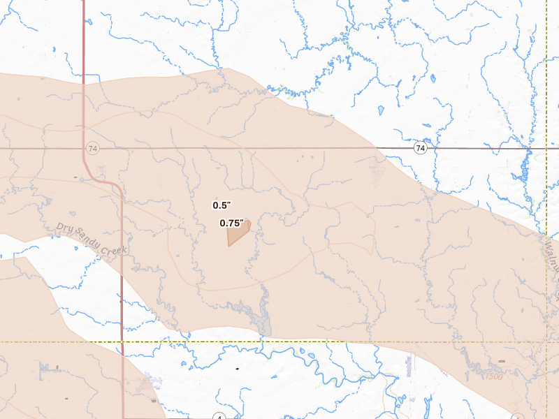 Radar-estimated hail-size map of the storm over Ohiowa, NE on Jun 20, 2026