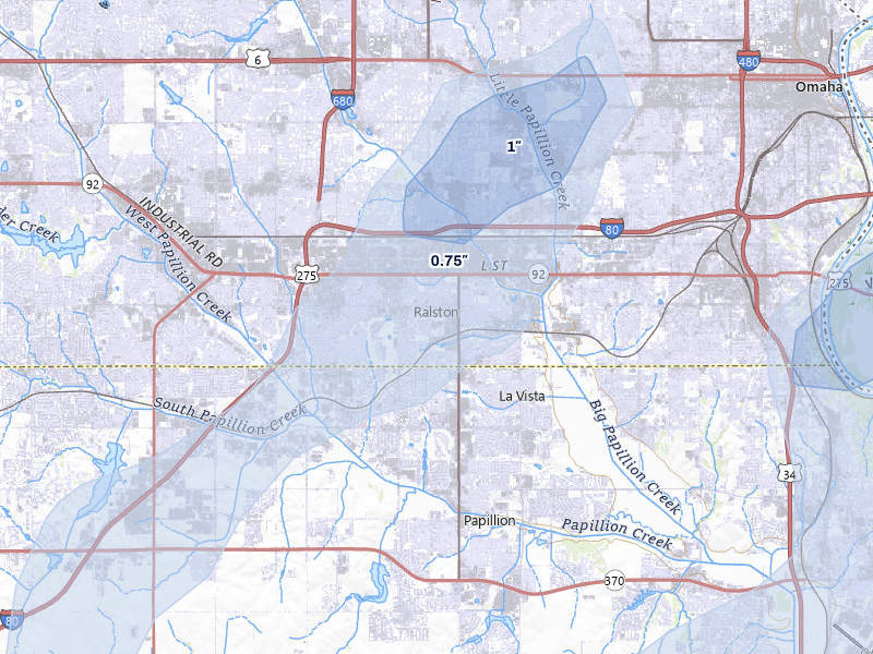NEXRAD radar-signature map of the hail storm over Omaha, NE on Mar 5, 2026