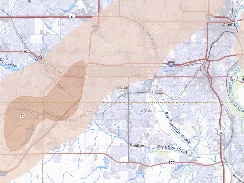 Radar-estimated hail-size map of the storm over Omaha, NE on Apr 23, 2026