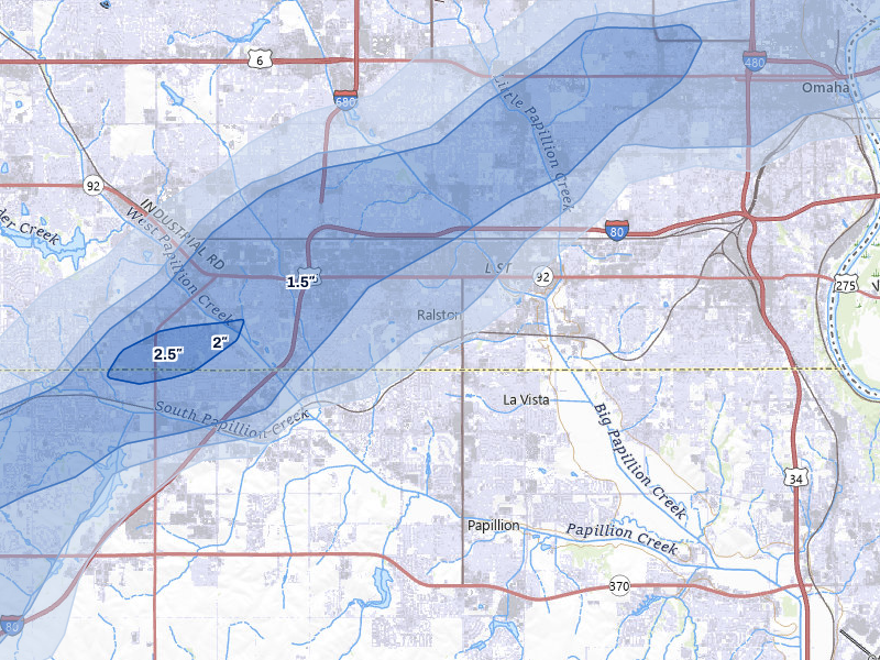 NEXRAD radar-signature map of the hail over Omaha, NE