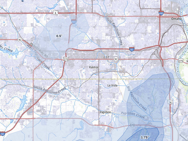 NEXRAD radar-signature map of the hail storm over Omaha, NE on May 17, 2026