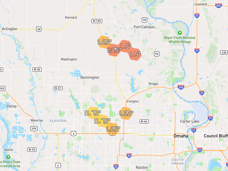 Hail map of Omaha, NE on Jun 1, 2026, hail up to 1.75"