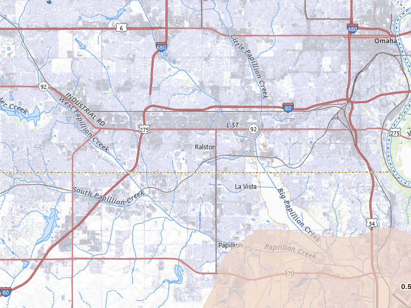 Radar-estimated hail-size map of the storm over Omaha, NE on Jun 5, 2026
