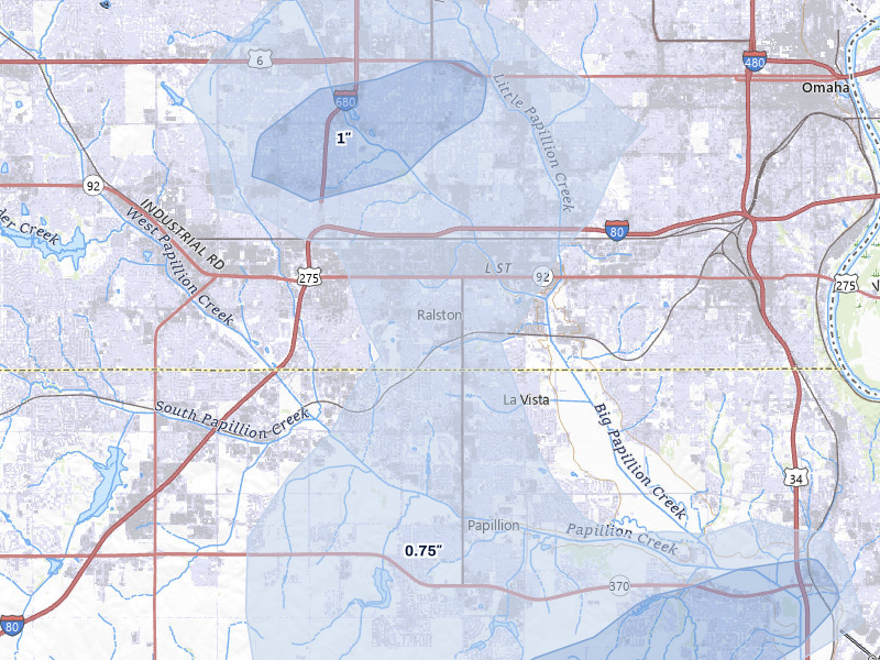 NEXRAD radar-signature map of the hail storm over Omaha, NE on Jun 5, 2026