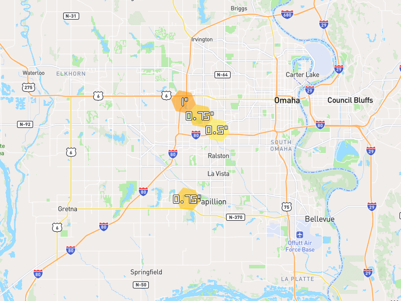 Hail map of Omaha, NE on Jun 6, 2026, hail up to 1"