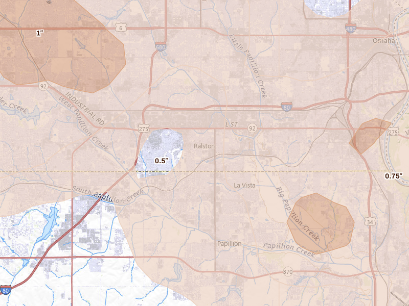 Radar-estimated hail-size map of the storm over Omaha, NE