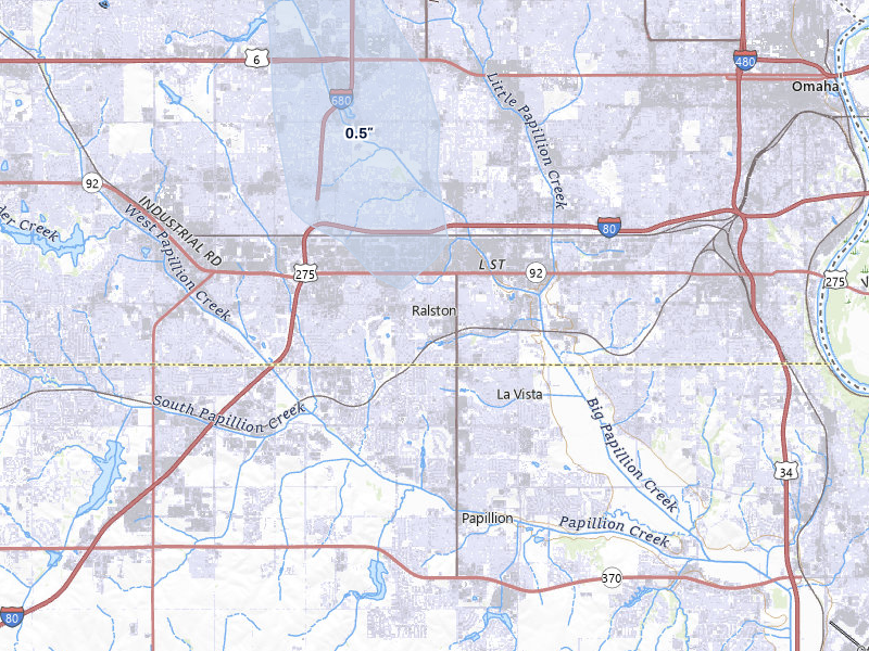 NEXRAD radar-signature map of the hail storm over Omaha, NE on Jul 1, 2026