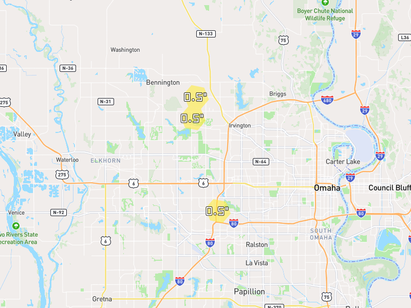 Hail map of Omaha, NE on Jul 2, 2026, hail up to 0.5"