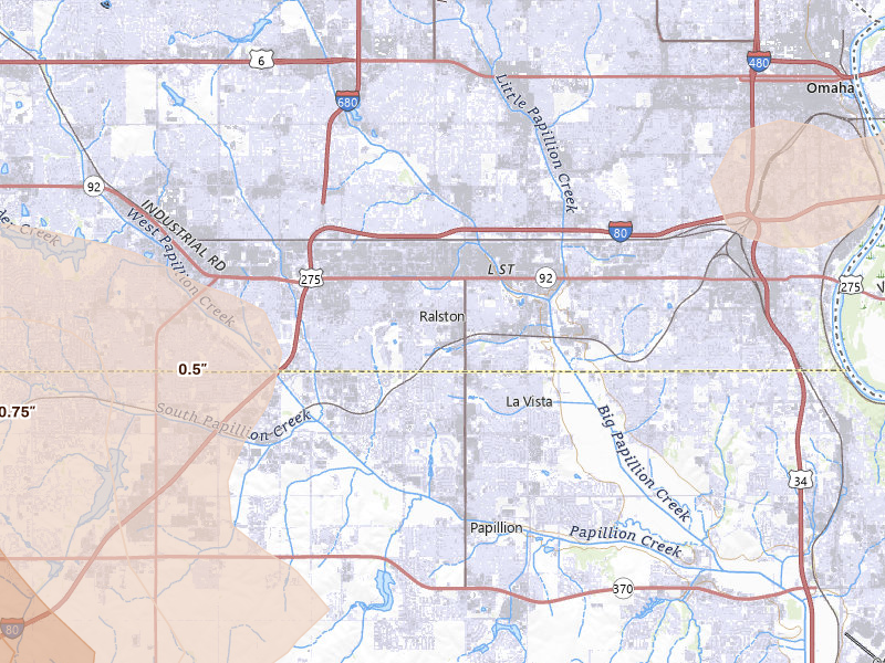 Radar-estimated hail-size map of the storm over Omaha, NE on Jul 3, 2026