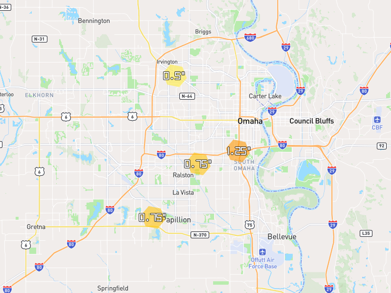 Hail map of Omaha, NE on Jul 3, 2026, hail up to 1.25"