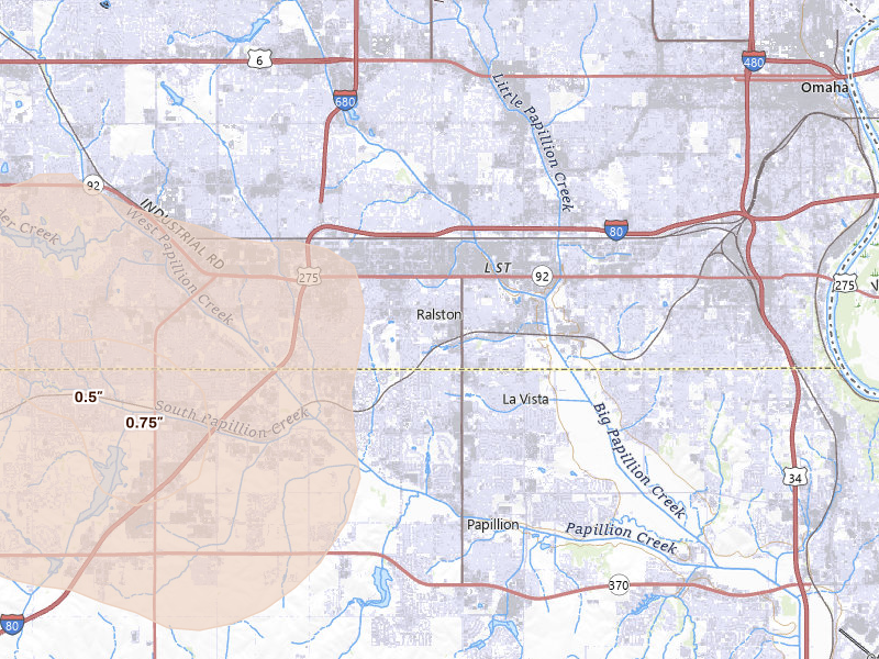 Radar-estimated hail-size map of the storm over Omaha, NE on Jul 8, 2026