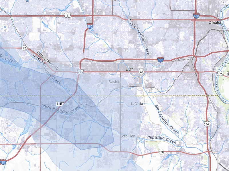 NEXRAD radar-signature map of the hail storm over Omaha, NE on Jul 8, 2026