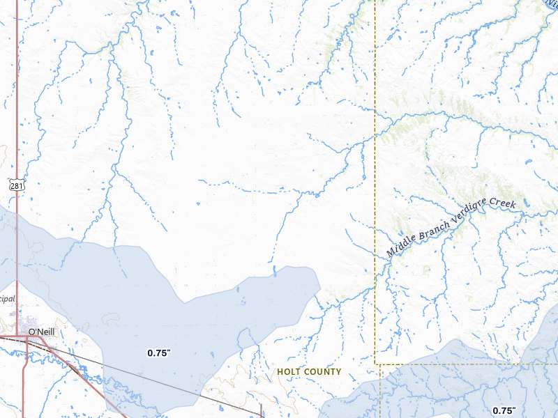 NEXRAD radar-signature map of the hail storm over Oneill, NE on May 25, 2026