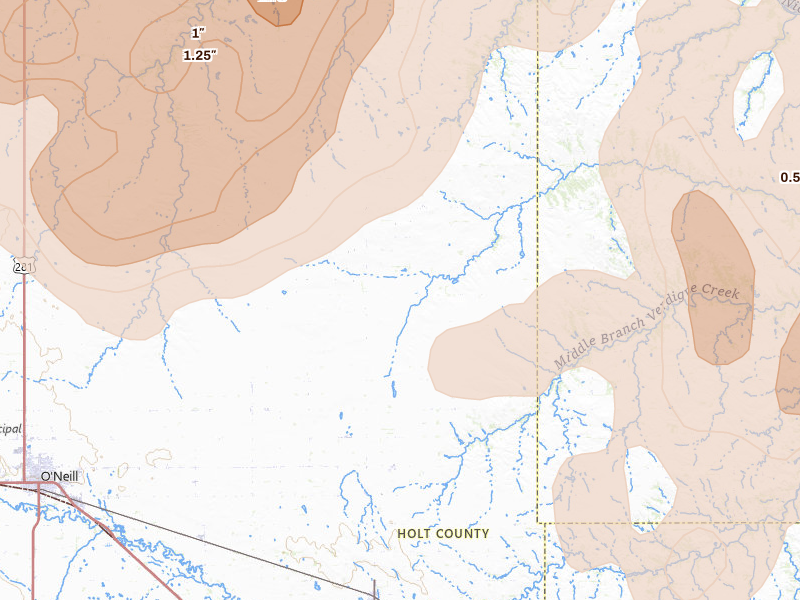 Radar-estimated hail-size map of the storm over Oneill, NE on Jul 2, 2026