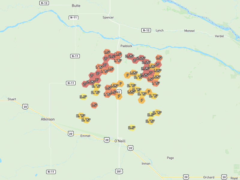 Hail map of Oneill, NE on Jul 3, 2026, hail up to 2.5"