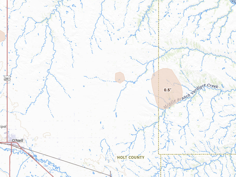 Radar-estimated hail-size map of the storm over Oneill, NE on Jul 30, 2026