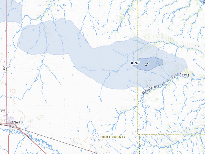 NEXRAD radar-signature map of the hail storm over Oneill, NE on Jul 30, 2026