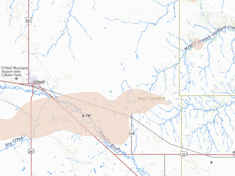Radar-estimated hail-size map of the storm over Oneill, NE on Aug 11, 2026