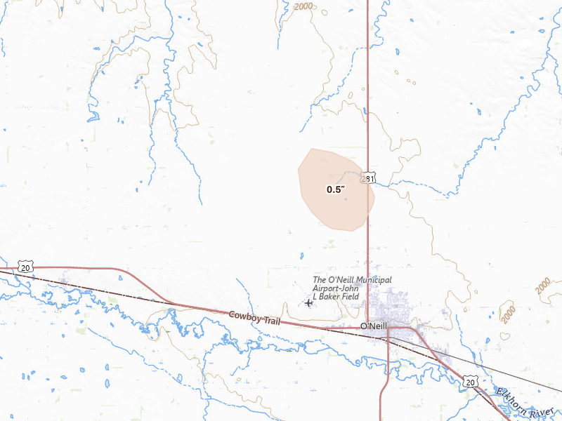 Radar-estimated hail-size map of the storm over Oneill, NE on Aug 18, 2026