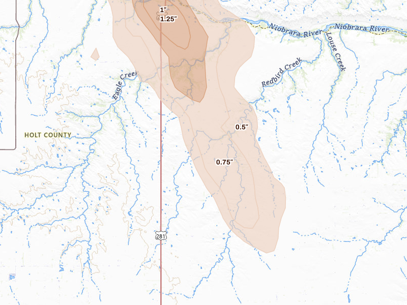 Radar-estimated hail-size map of the storm over Oneill, NE on Aug 20, 2026