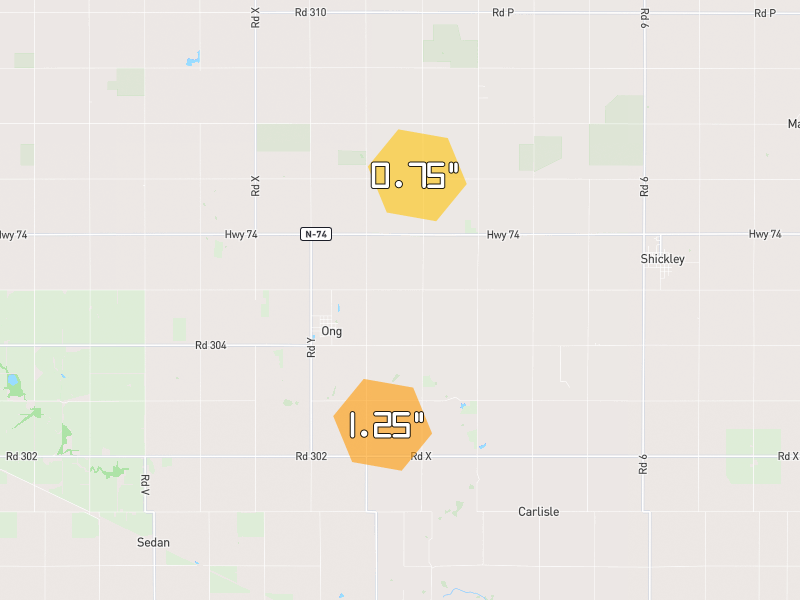 Hail map of Ong, NE on Jun 2, 2026, hail up to 1.25"