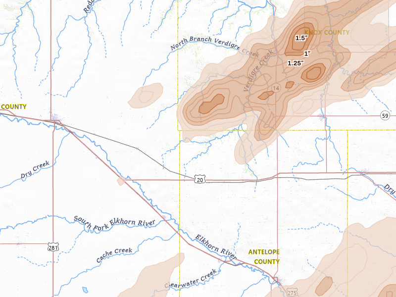 Radar-estimated hail-size map of the storm over Orchard, NE on Jun 29, 2026