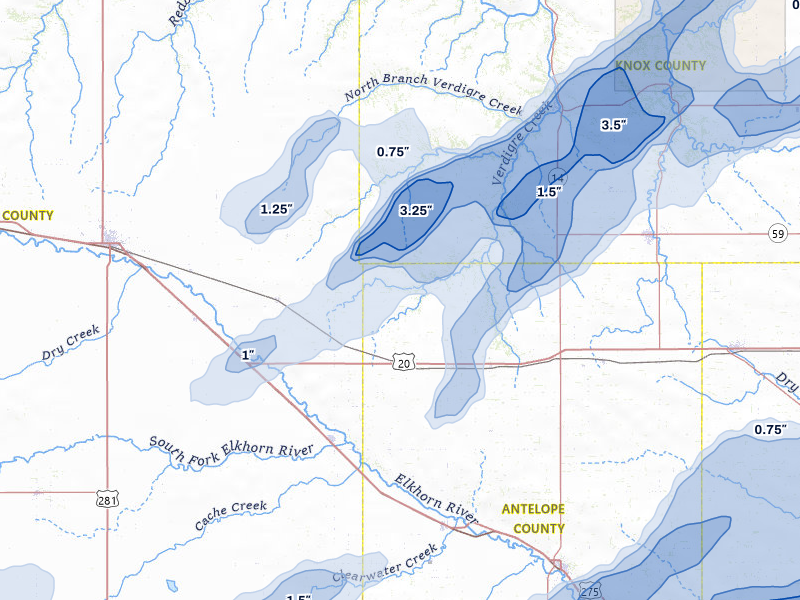 NEXRAD radar-signature map of the hail storm over Orchard, NE on Jun 29, 2026