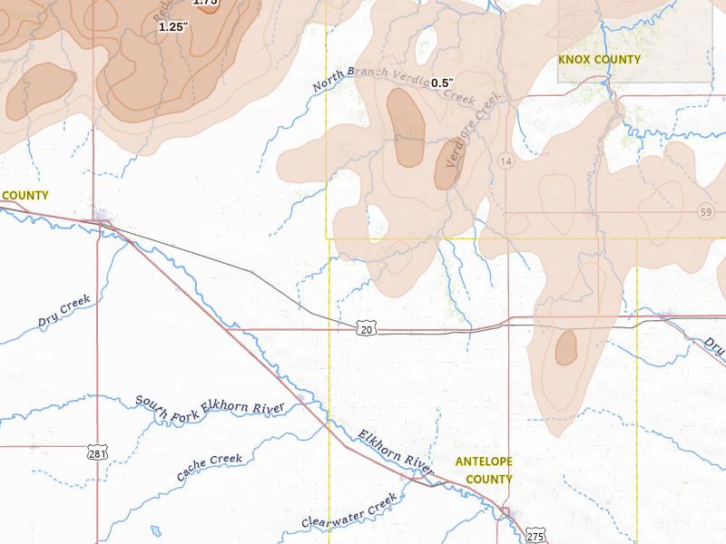 Radar-estimated hail-size map of the storm over Orchard, NE on Jul 2, 2026