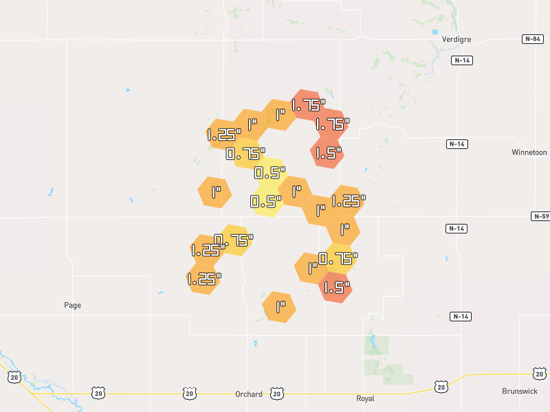 Hail map of Orchard, NE on Jul 3, 2026, hail up to 1.75"