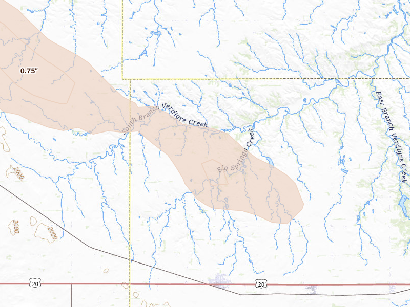Radar-estimated hail-size map of the storm over Orchard, NE on Aug 23, 2026