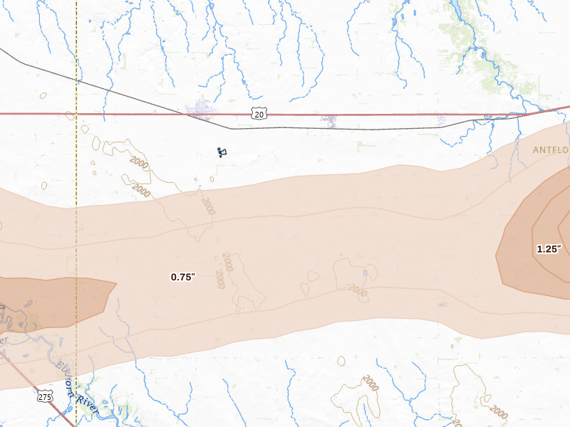 Radar-estimated hail-size map of the storm over Orchard, NE on Sep 1, 2026