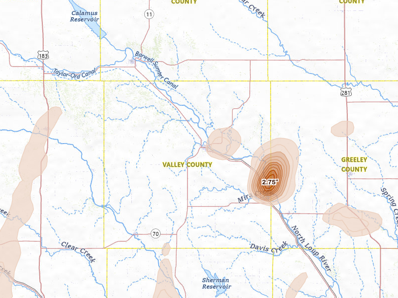 Radar-estimated hail-size map of the storm over Ord, NE on May 16, 2026