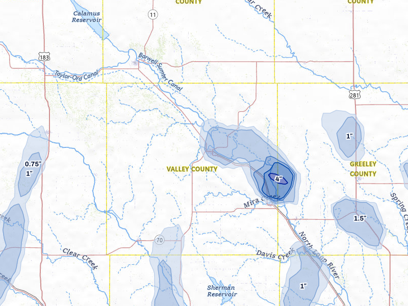 NEXRAD radar-signature map of the hail storm over Ord, NE on May 16, 2026