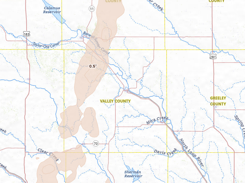 Radar-estimated hail-size map of the storm over Ord, NE on May 30, 2026