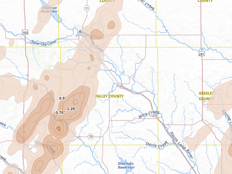 Radar-estimated hail-size map of the storm over Ord, NE on Jun 9, 2026