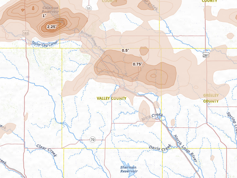 Radar-estimated hail-size map of the storm over Ord, NE on Jun 12, 2026