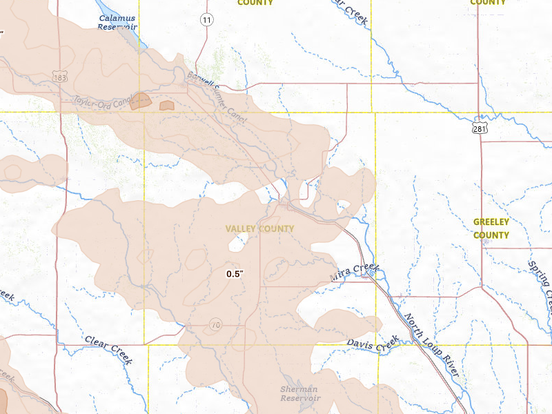 Radar-estimated hail-size map of the storm over Ord, NE on Jun 20, 2026