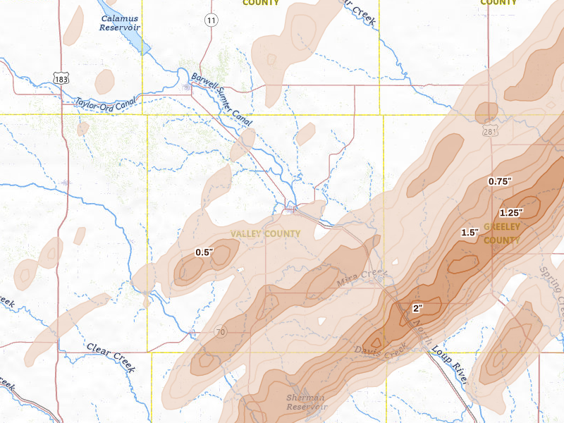 Radar-estimated hail-size map of the storm over Ord, NE on Jun 29, 2026