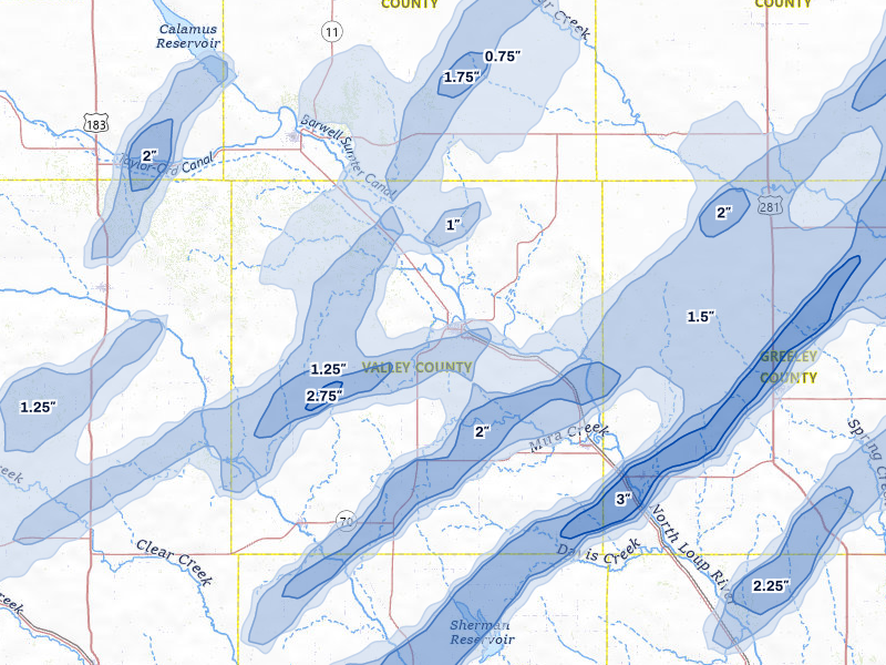 NEXRAD radar-signature map of the hail storm over Ord, NE on Jun 29, 2026