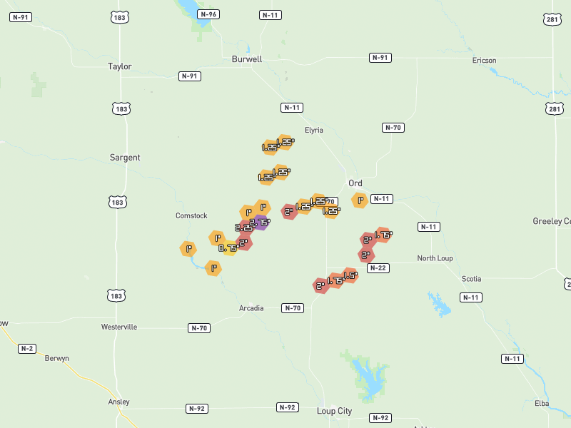 Hail map of Ord, NE on Jun 30, 2026, hail up to 2.75"