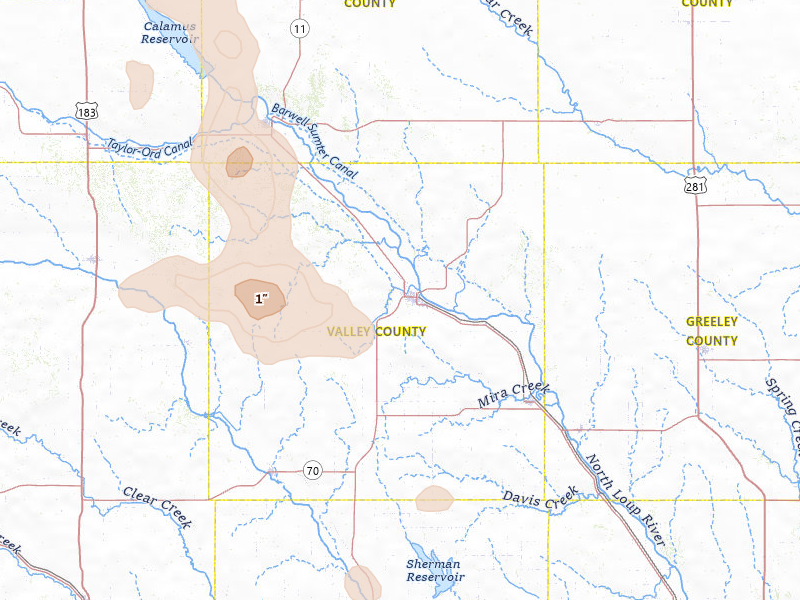 Radar-estimated hail-size map of the storm over Ord, NE on Jul 4, 2026