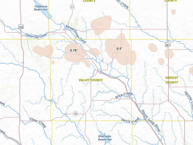 Radar-estimated hail-size map of the storm over Ord, NE on Jul 30, 2026