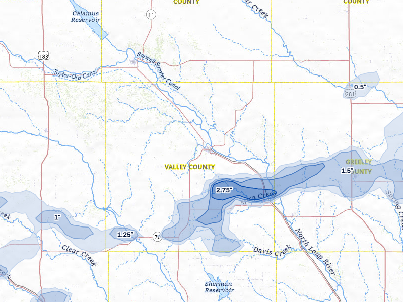NEXRAD radar-signature map of the hail storm over Ord, NE on Aug 12, 2026