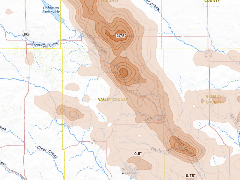 Radar-estimated hail-size map of the storm over Ord, NE on Aug 17, 2026
