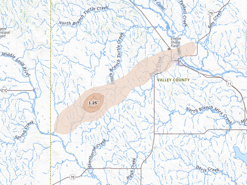 Radar-estimated hail-size map of the storm over Ord, NE on Sep 1, 2026
