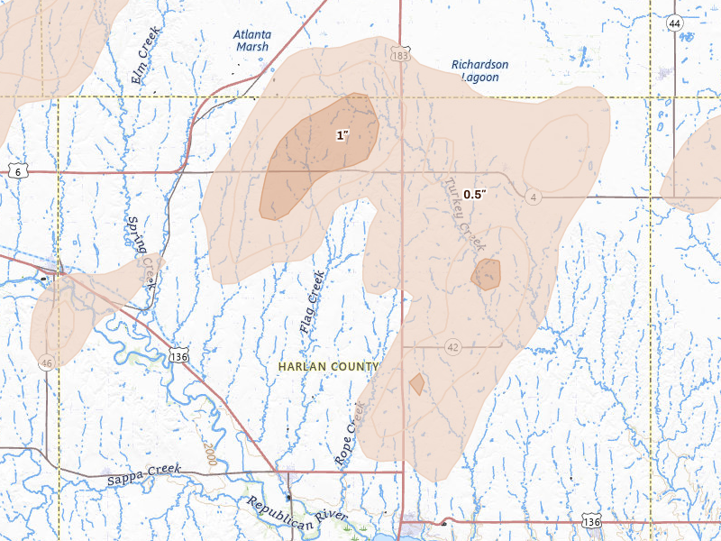 Radar-estimated hail-size map of the storm over Orleans, NE on Jun 3, 2026