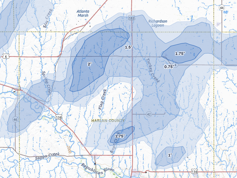 NEXRAD radar-signature map of the hail storm over Orleans, NE on Jun 3, 2026