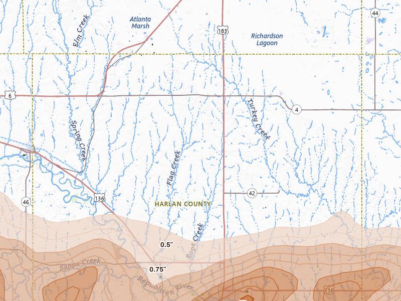 Radar-estimated hail-size map of the storm over Orleans, NE on Jun 8, 2026