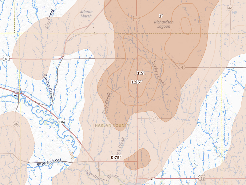 Radar-estimated hail-size map of the storm over Orleans, NE on Jun 9, 2026